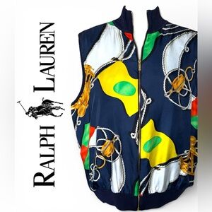 Vintage 90s Ralph Lauren Silk Nautical Navy & Green Quilted Vest Yacht Club Sz2X